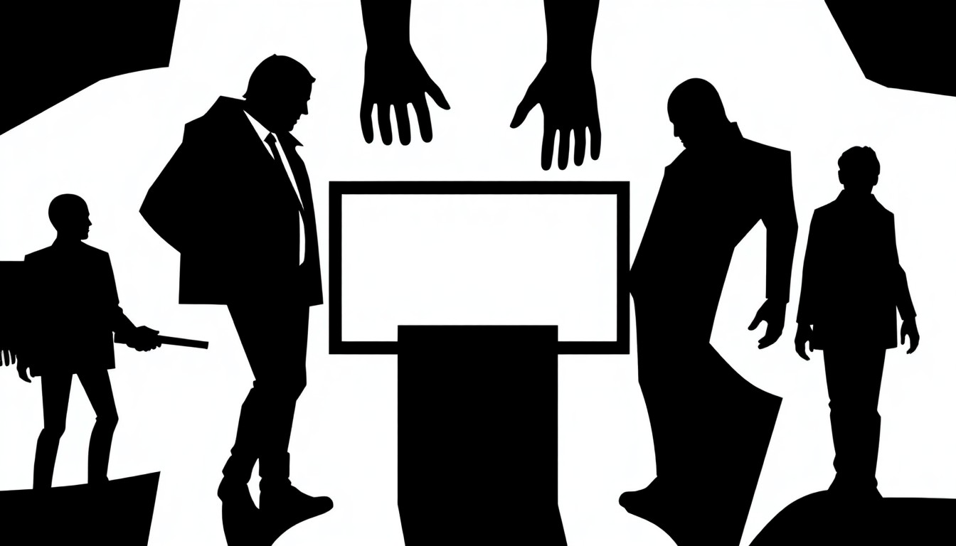 An abstract, minimalist illustration featuring sharp, jagged black silhouettes against a stark red background, conceptually representing the overcomplicated nature of modern horror television plots.