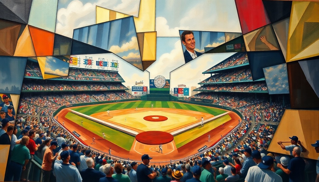 A fragmented, geometric painting depicting a baseball game from multiple angles, with players and the field broken down into sharp, overlapping shapes and planes of color.