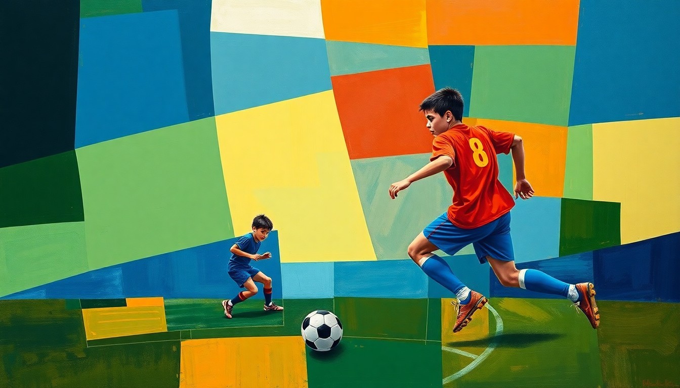 A cubist, geometric painting depicting a boys soccer match, with the players and field broken down into sharp, overlapping planes of green, blue, and orange, capturing the dynamic energy of the sport.