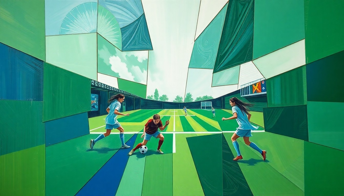 A fragmented, geometric painting depicting the overlapping movements and perspectives of a girls' soccer game, with sharp planes of green, blue, and white.