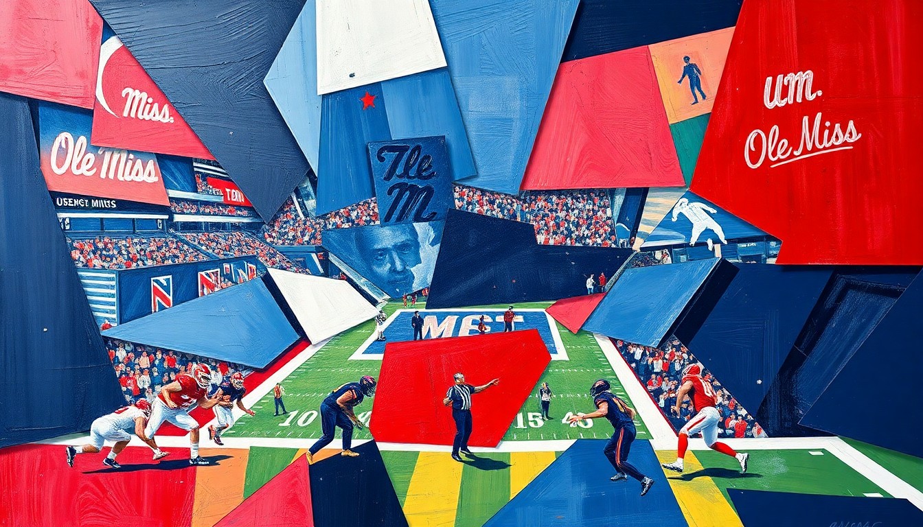 A fragmented, geometric painting in navy blue and red hues, depicting an abstract sports scene with overlapping shapes and planes, representing the multifaceted legacy of a prominent Ole Miss athletics leader.