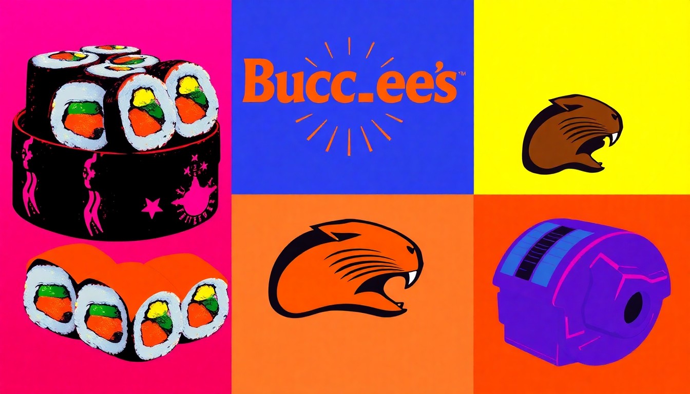 A brightly colored, high-contrast silkscreen print featuring a stack of sushi rolls, a Buc-ee's beaver logo, and a damaged car sensor, repeated in a tight grid pattern to create a modern pop art representation of the top news stories in Acadiana.