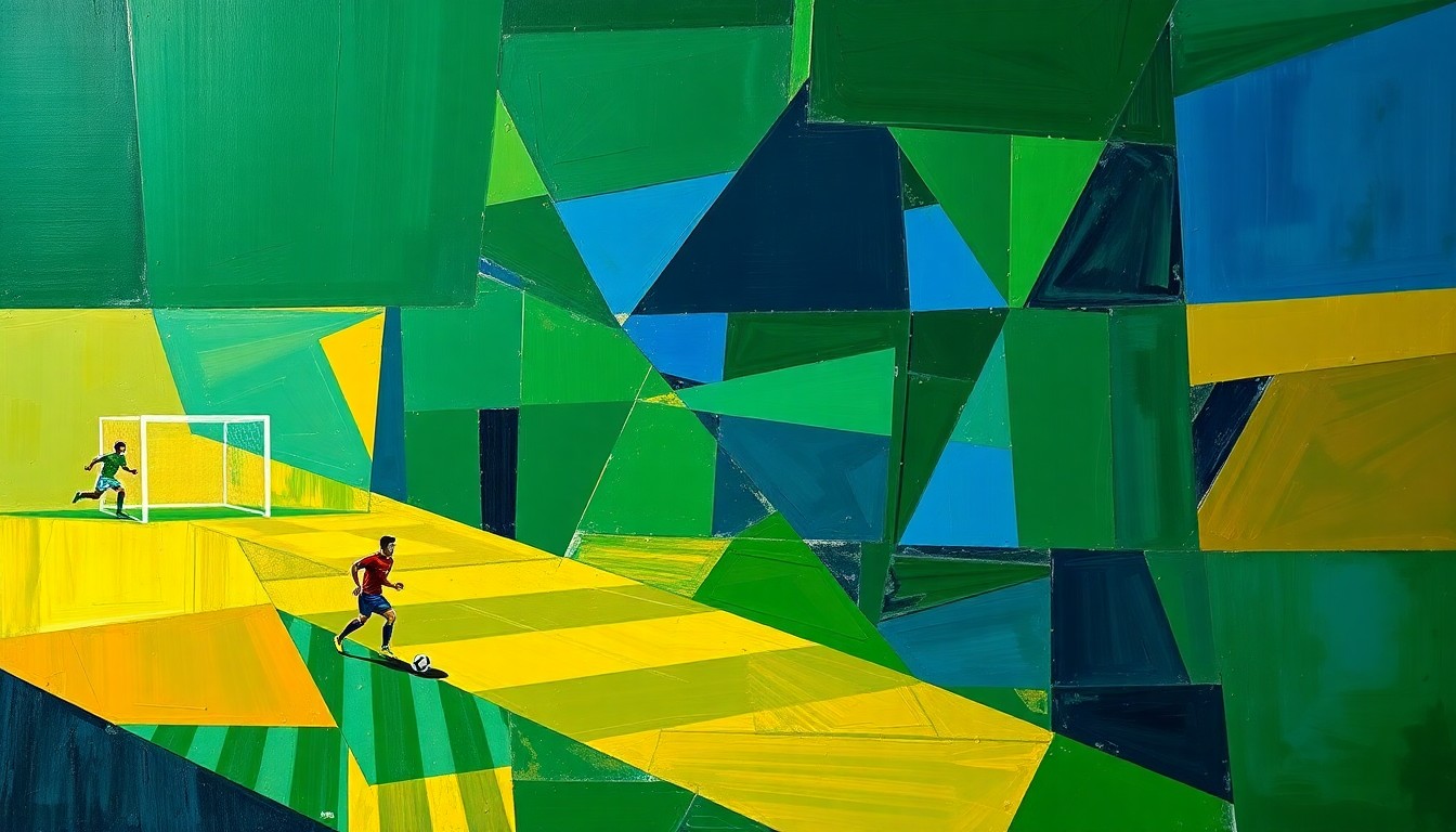 A cubist, geometric painting depicting a soccer match broken down into overlapping planes of deep green, royal blue, and golden yellow, conveying the energy and movement of the sport.
