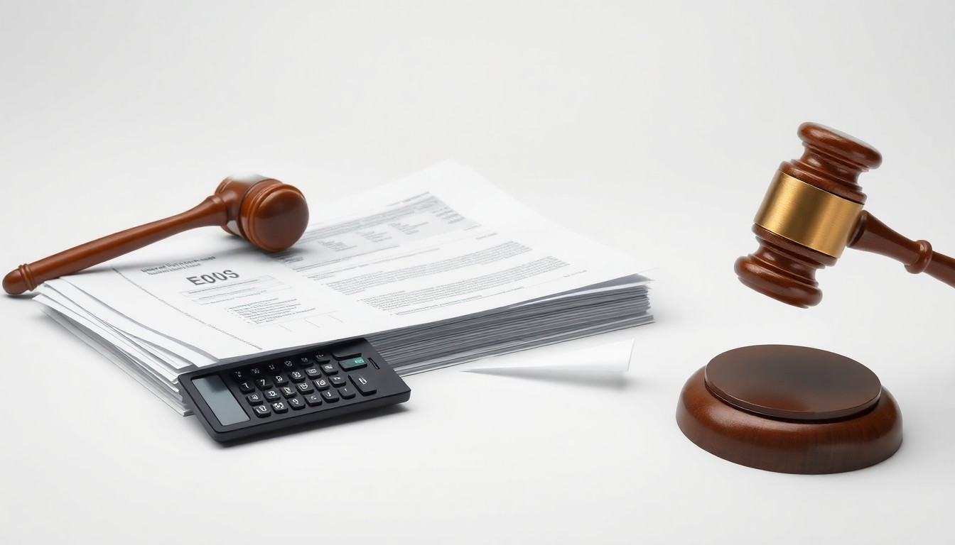 A minimalist, photorealistic studio still-life image featuring a stack of financial documents, a calculator, and a gavel on a clean, monochromatic background, conceptually representing the complex legal and financial issues surrounding the Epic Companies bankruptcy.