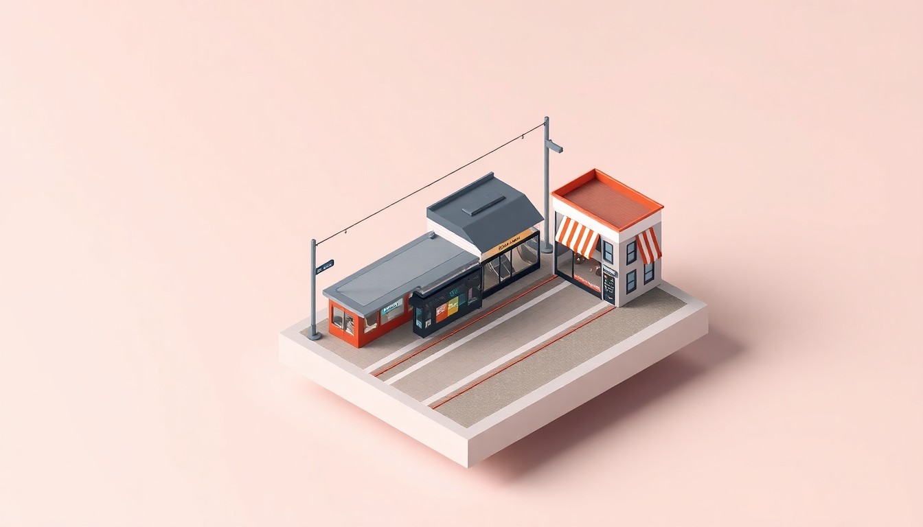 An isometric 3D illustration depicting a stylized streetcar station and surrounding retail district, with bold colors and smooth textures representing the integration of public transit and local businesses in the Sugar House community.