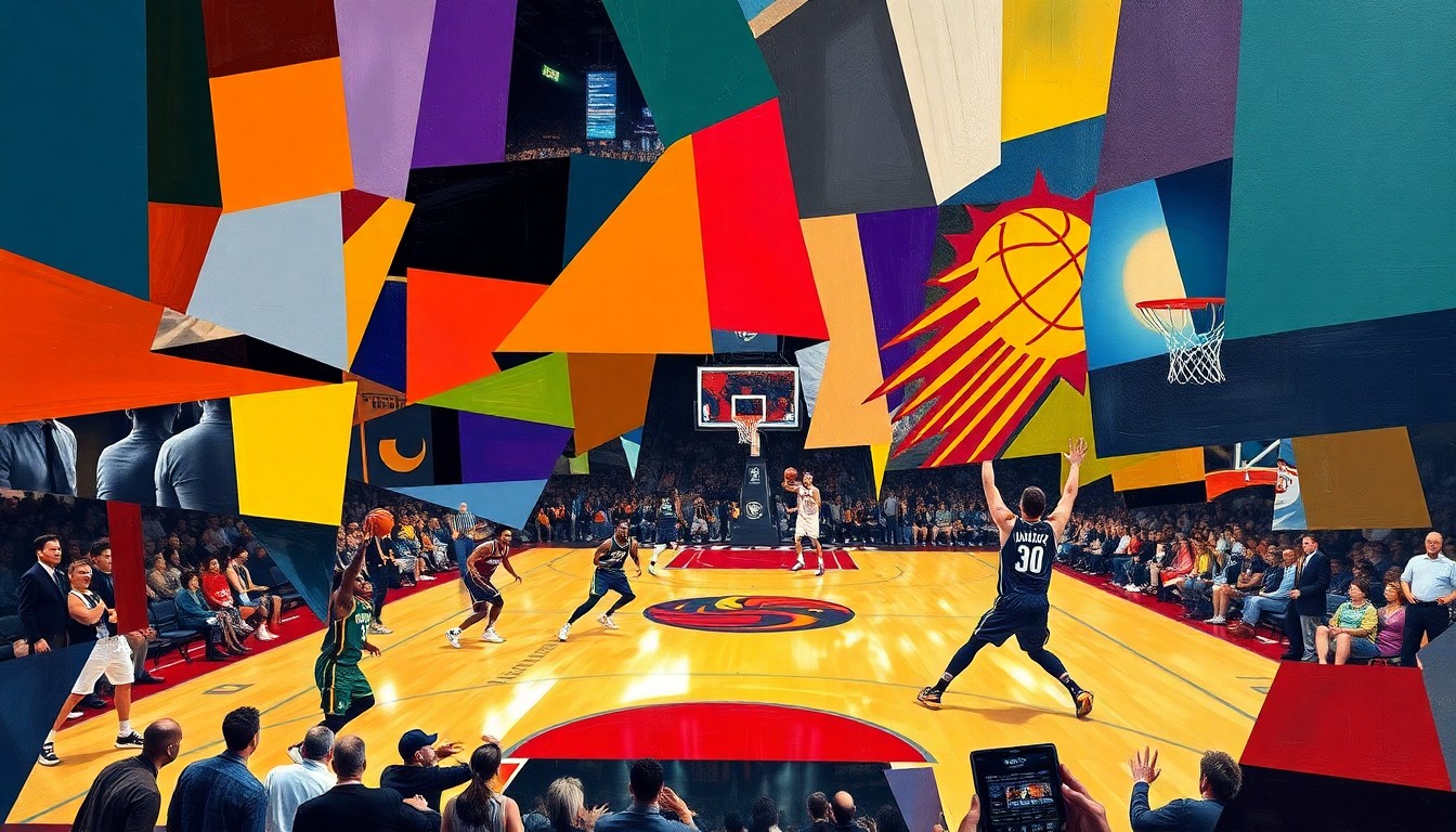 A cubist, geometric painting depicting a basketball game between the Utah Jazz and Phoenix Suns, with the players and action broken down into sharp, overlapping planes of color representing the teams' official palettes.