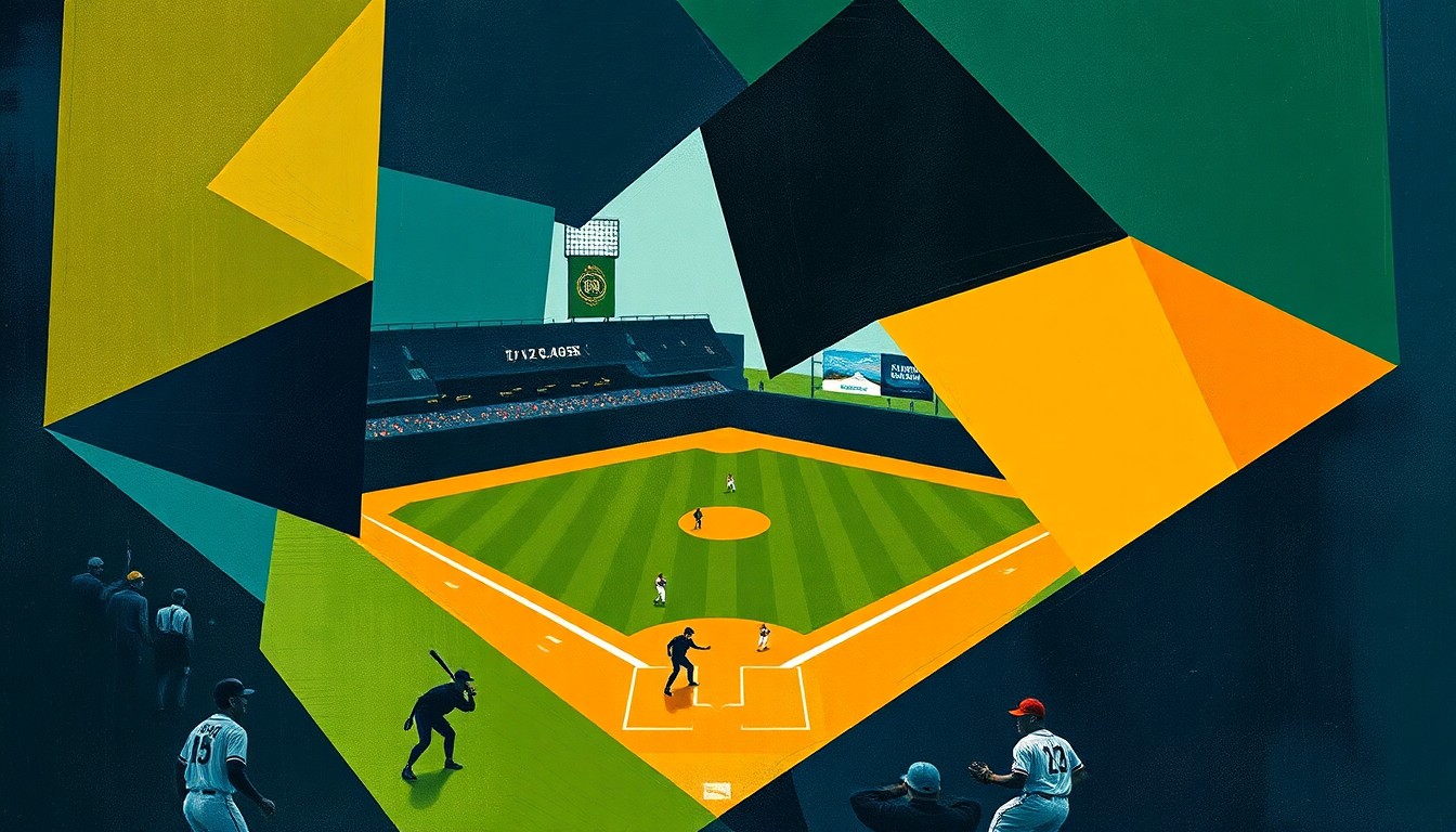 A cubist, geometric painting depicting a baseball game, with the players and field abstracted into bold, angular shapes in a palette of navy, forest green, and ochre.