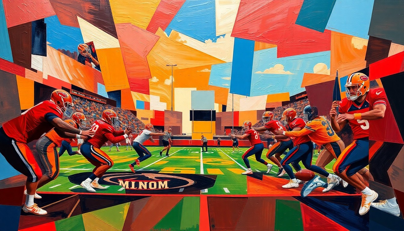 A fragmented, cubist-inspired painting depicting the action and movement of a high school football game, with players and the field broken down into sharp, overlapping geometric shapes in a vivid color palette.