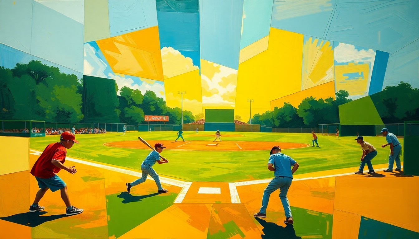 A cubist, geometric painting depicting the overlapping action and movement of a youth baseball or softball game, with sharp planes of green, blue, and yellow hues.