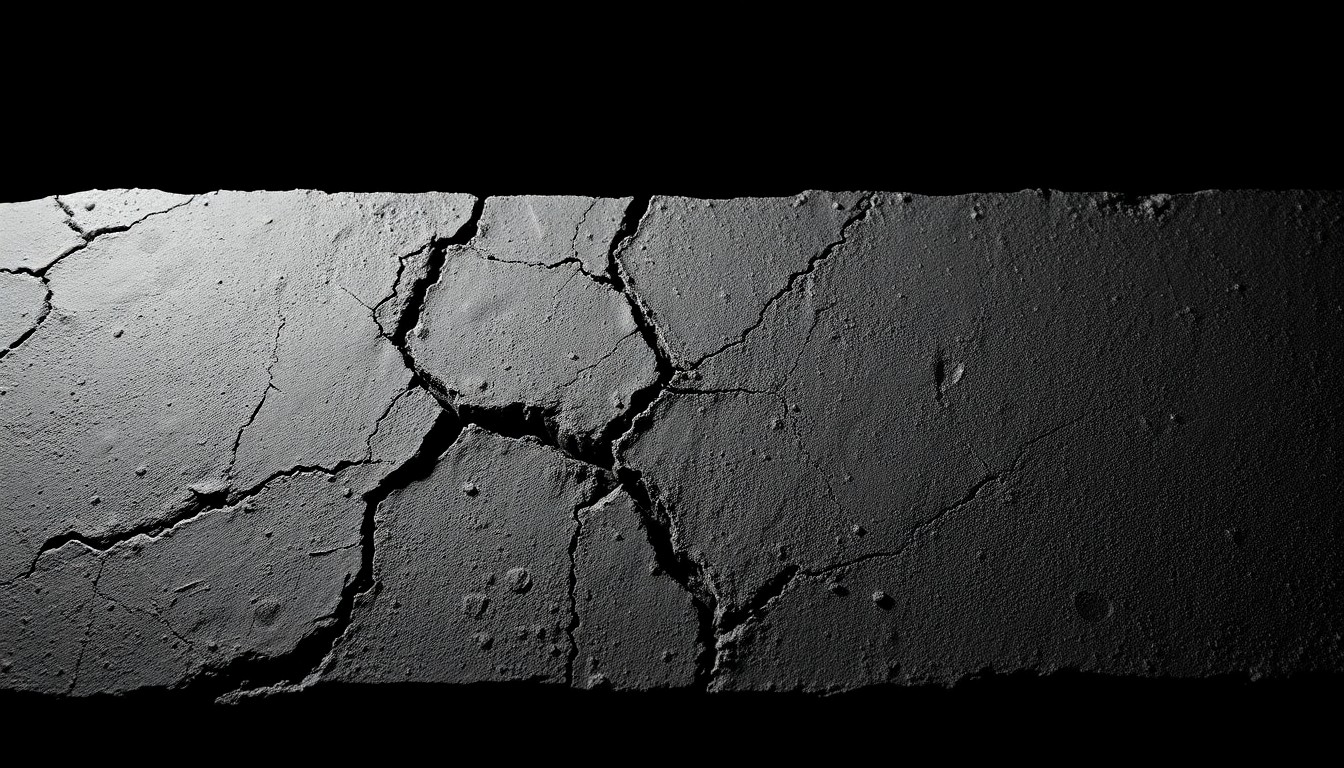 An extreme close-up photograph of a cracked and crumbling concrete slab, conceptually illustrating the poor construction quality that rendered a luxury Boca Raton home uninhabitable.