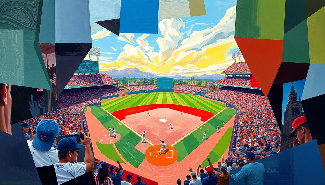 A fragmented, geometric painting depicting the dynamic movements and energy of a college baseball game, with sharp planes of color representing the players, field, and stadium.