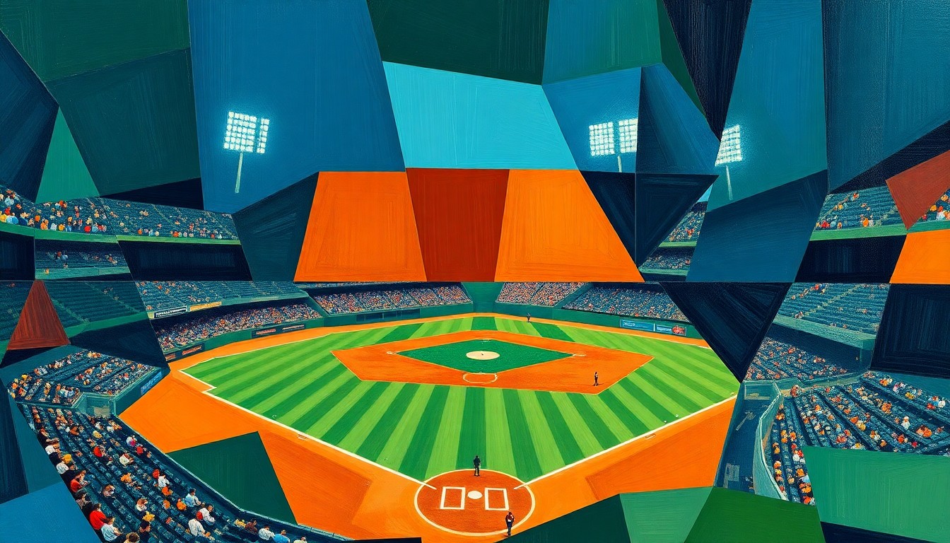 A fractured, geometric painting depicting a baseball game from multiple angles, with sharp planes of navy, green, and orange representing the dynamic movements and competitive energy of the matchup.