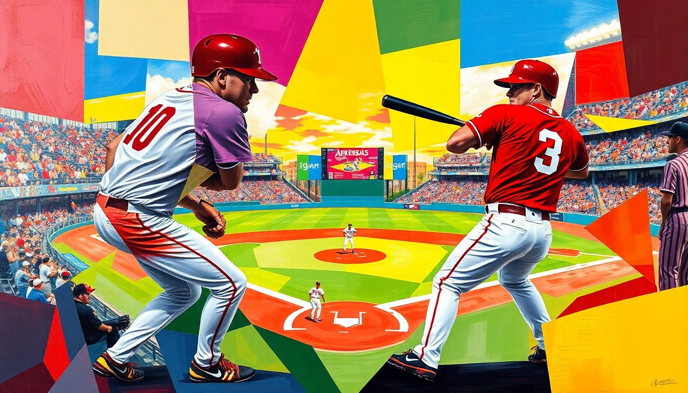 An abstract, cubist-style painting depicting the key moments and players of the Arkansas State vs. James Madison baseball game, with the players and field deconstructed into sharp, overlapping geometric shapes and planes of vibrant team colors.