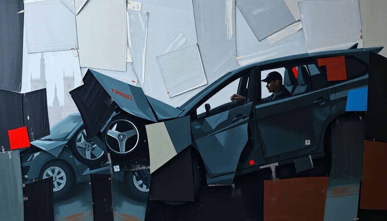 A fractured, geometric painting depicting the scene of a car crash, with sharp planes of color and overlapping perspectives conveying the chaotic nature of the event.