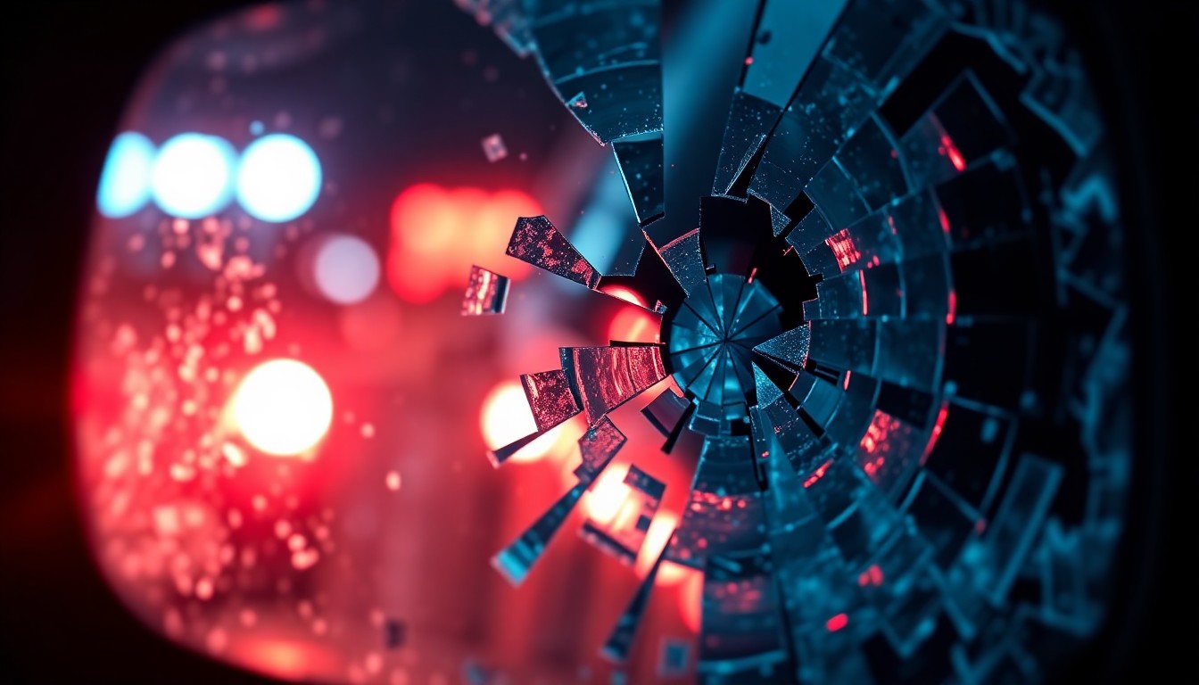 An extreme close-up photograph of a shattered car mirror lens reflecting the faint red glow of emergency lights, conceptually representing the aftermath of a serious vehicle collision.
