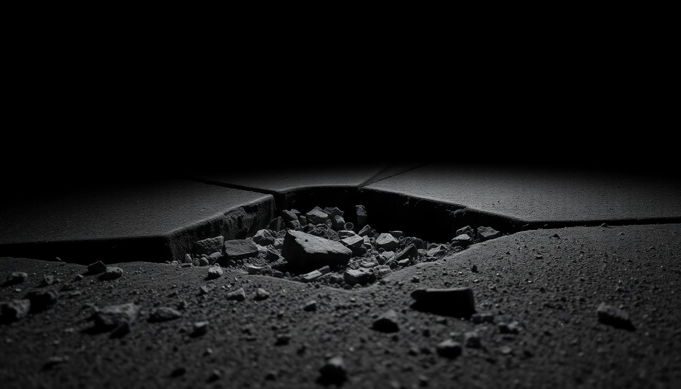 An extreme close-up photograph of a shattered sidewalk with small shards of concrete and debris, conceptually representing the violence of the attack that killed Vicha Ratanapakdee.