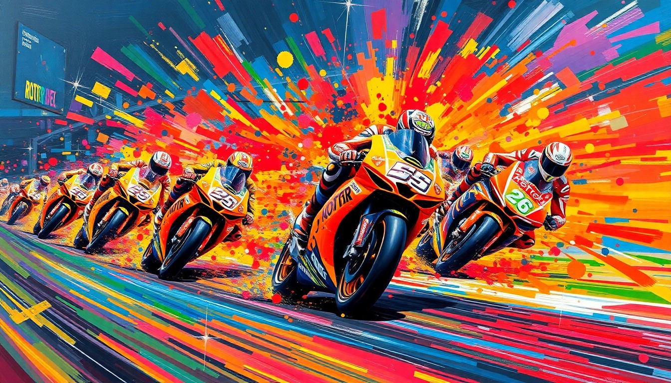 An abstract, expressionist painting in neon colors capturing the intense speed and motion of the MotoGP sprint race, with the bikes and riders blurred into vibrant, energetic brushstrokes.