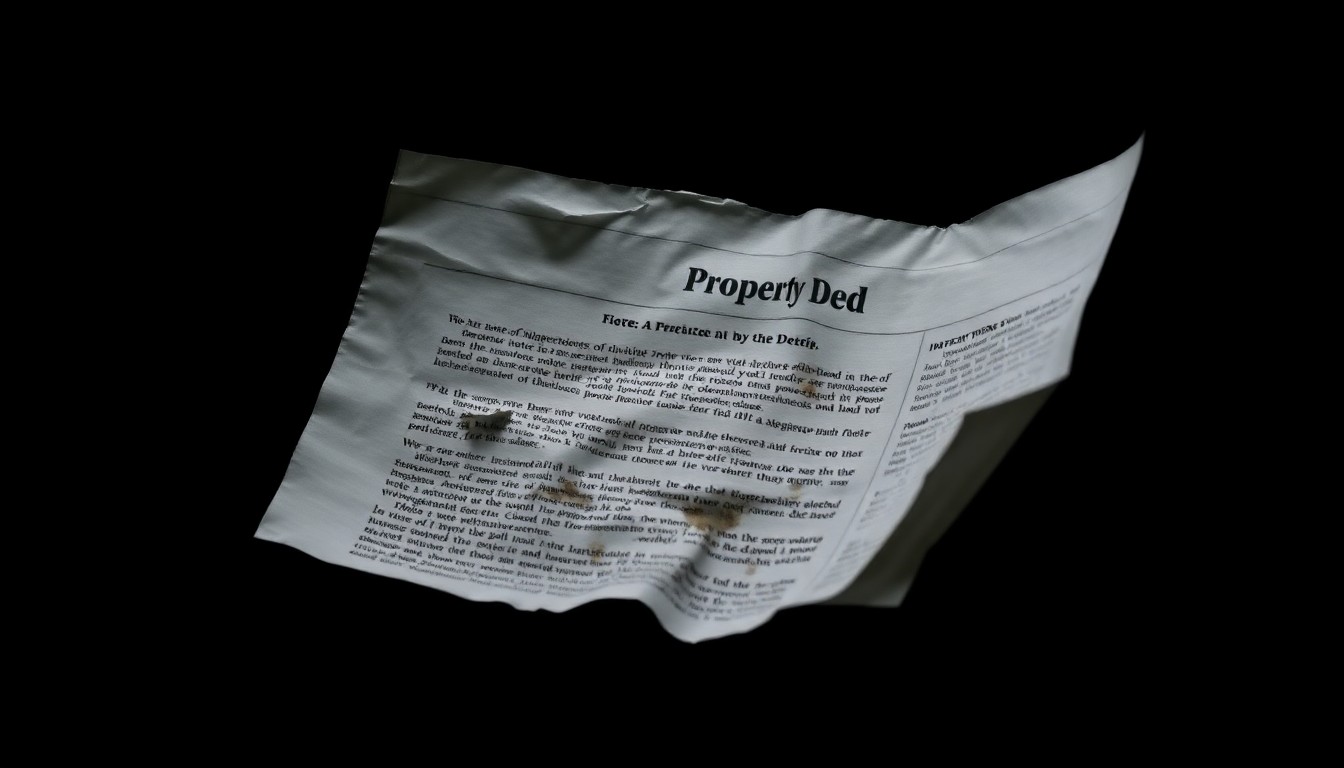 An extreme close-up of a crumpled, water-stained property deed document, conceptually illustrating the gritty, investigative nature of deed fraud cases.