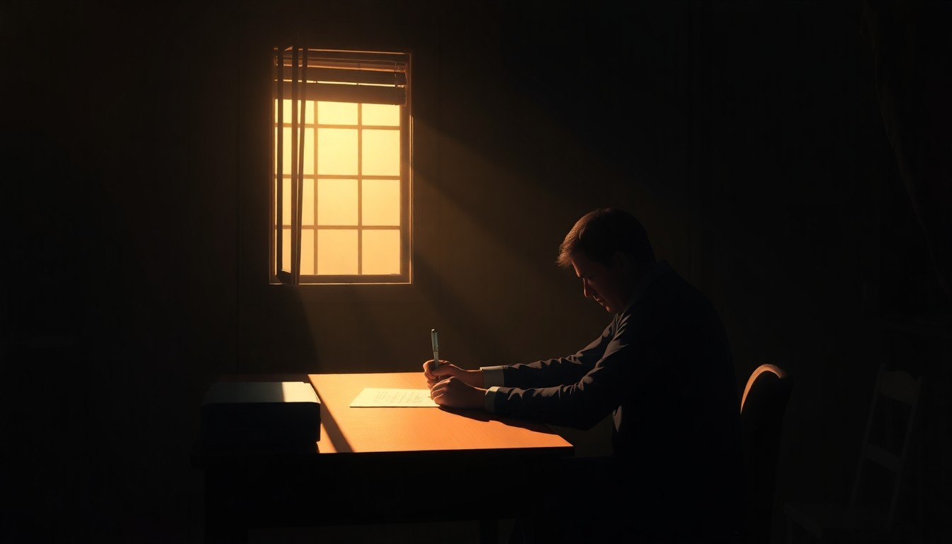 A serene, cinematic painting depicting a person sitting at a desk, focused on filling out citizenship paperwork, with warm lighting and deep shadows creating a contemplative mood.