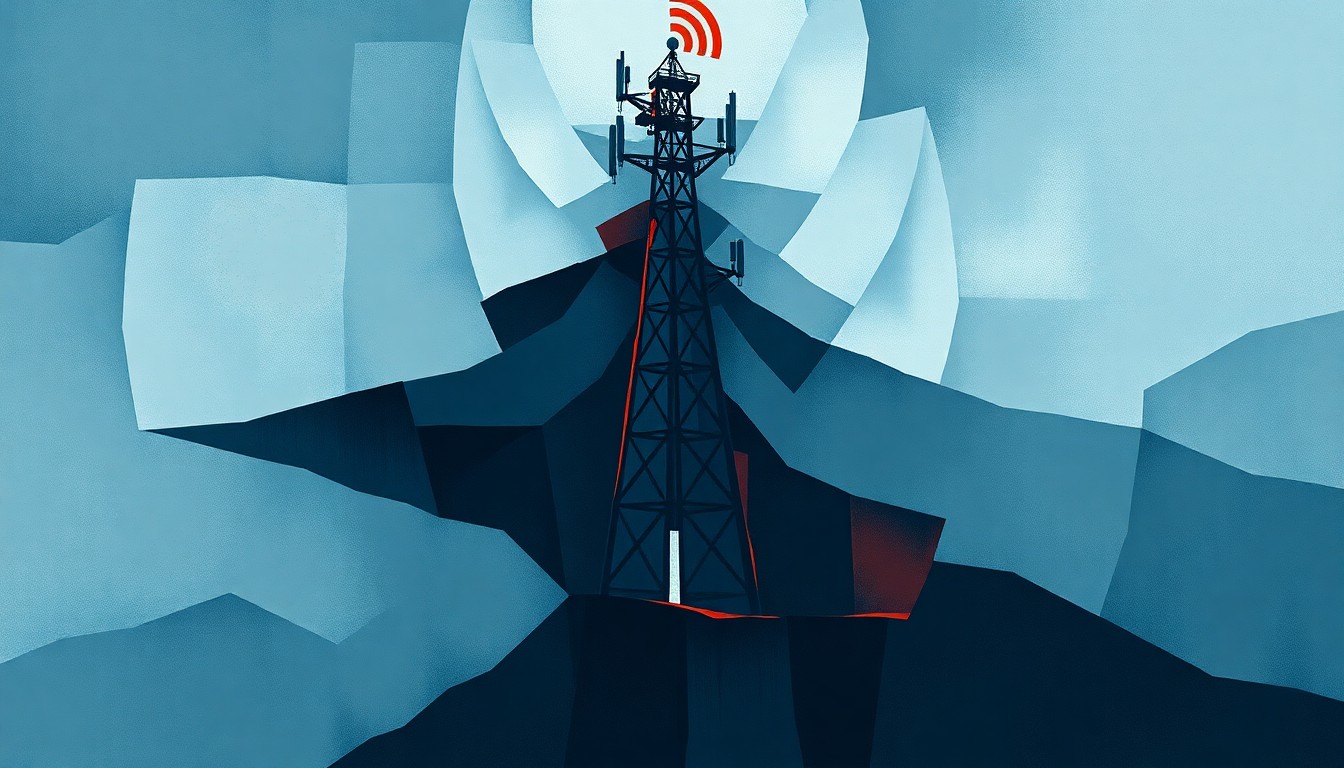 A fractured, abstract painting depicting a broken communication tower or antenna, with overlapping geometric shapes and waves of dark blues, greys, and reds, conceptually representing the disruption and fragmentation of communication networks during global conflicts.