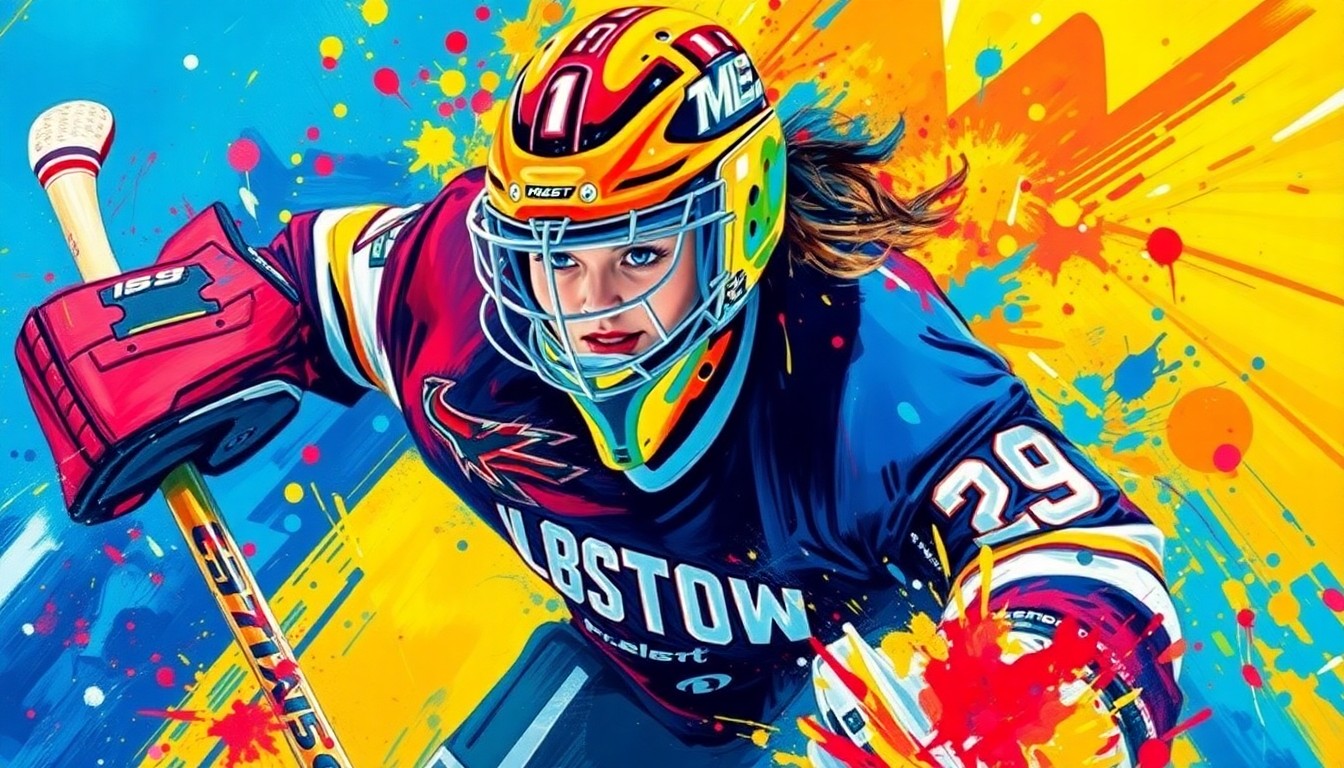An abstract, expressionist painting featuring rapid, neon-colored brushstrokes that capture the dynamic movements and energy of a hockey goaltender, with the player's face and jersey details dissolving into a vibrant, unrecognizable blur.