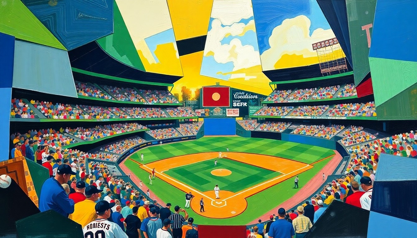 A fragmented, geometric painting in bold colors depicting the dynamic action of a baseball game, with shapes and planes representing the players and field.