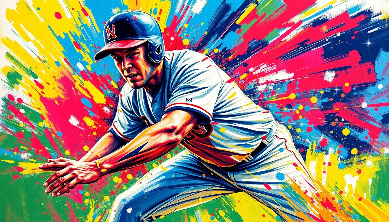 An abstract, energetic painting featuring bold brushstrokes of neon orange, electric blue, and vibrant yellow, capturing the dynamic motion and speed of a baseball player stealing a base.
