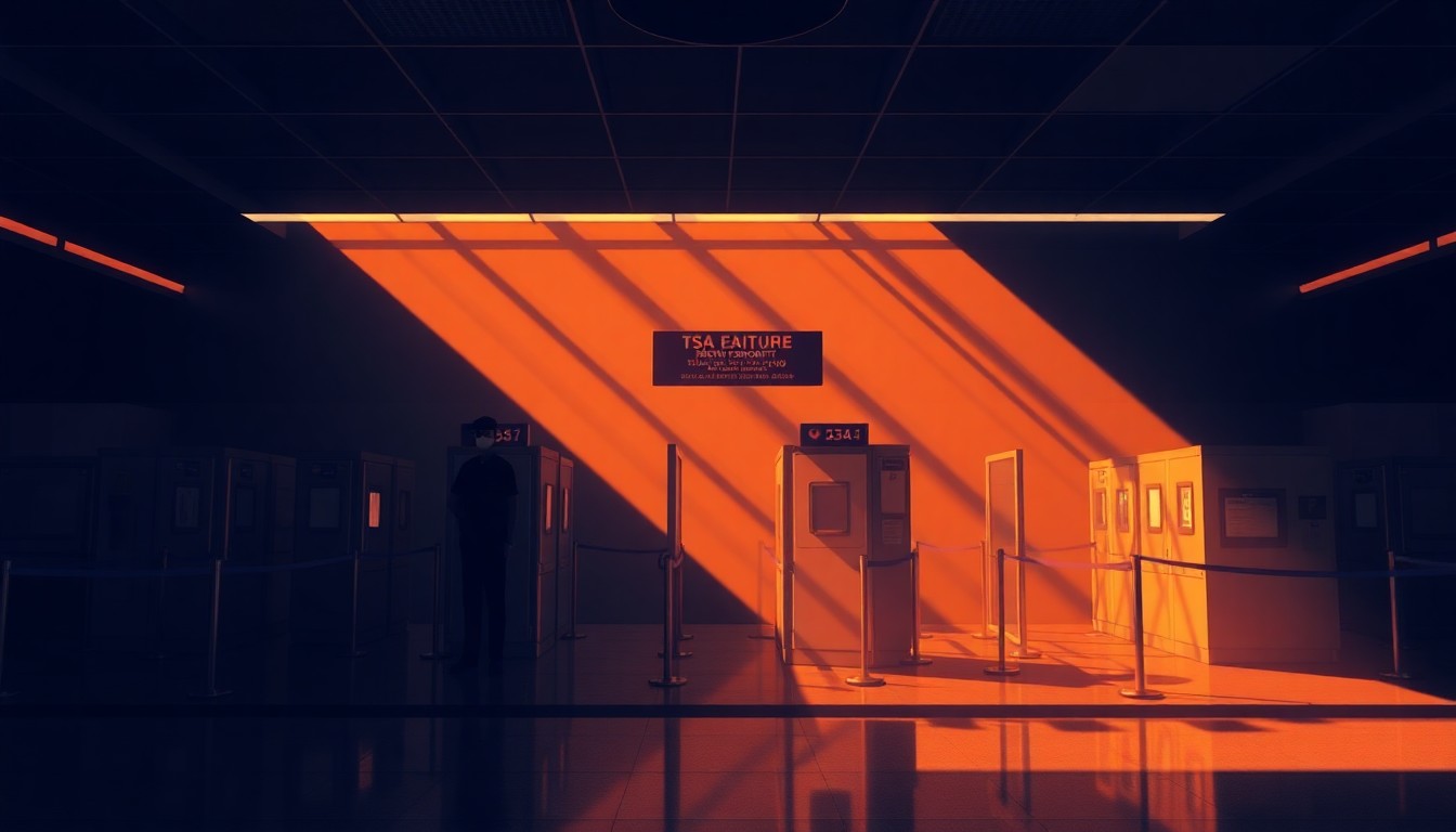 A cinematic painting of a quiet, empty airport security checkpoint, with warm sunlight casting deep shadows across the scene, conceptually illustrating the complex balance between security and civil liberties.