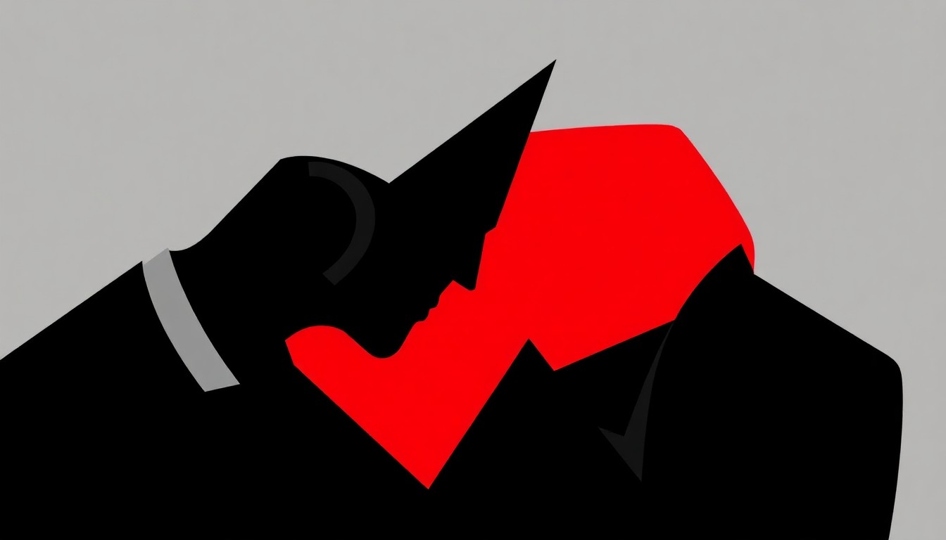 An abstract composition of stark, jagged geometric shapes in shades of gray, black, and red, conceptually representing the themes of addiction, temptation, and the precarious balance of personal and professional lives.