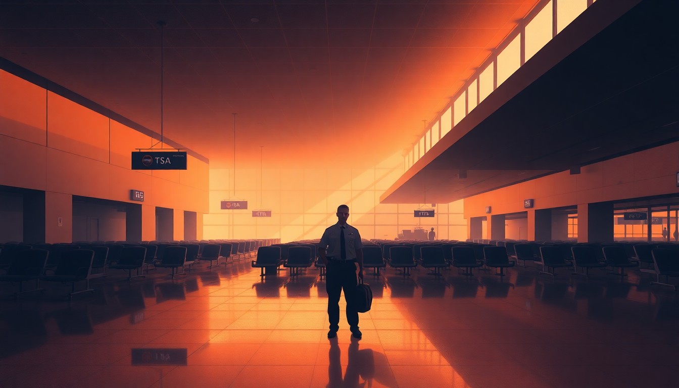 A solitary TSA officer stands alone in an empty airport terminal, the space bathed in warm, cinematic lighting and deep shadows, conveying a sense of isolation and uncertainty.
