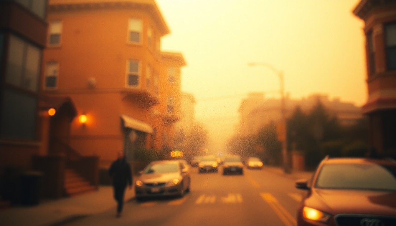 An impressionistic, out-of-focus scene of a San Francisco neighborhood street, with blurred shapes and muted colors conveying a sense of nostalgia and the passage of time.