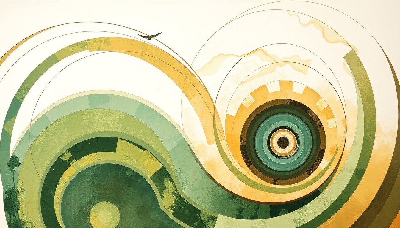 A bold, highly structured abstract painting in muted earth tones, featuring sweeping geometric arcs, concentric circles, and precise botanical spirals, representing the complex interconnectedness of scientific research and discovery.