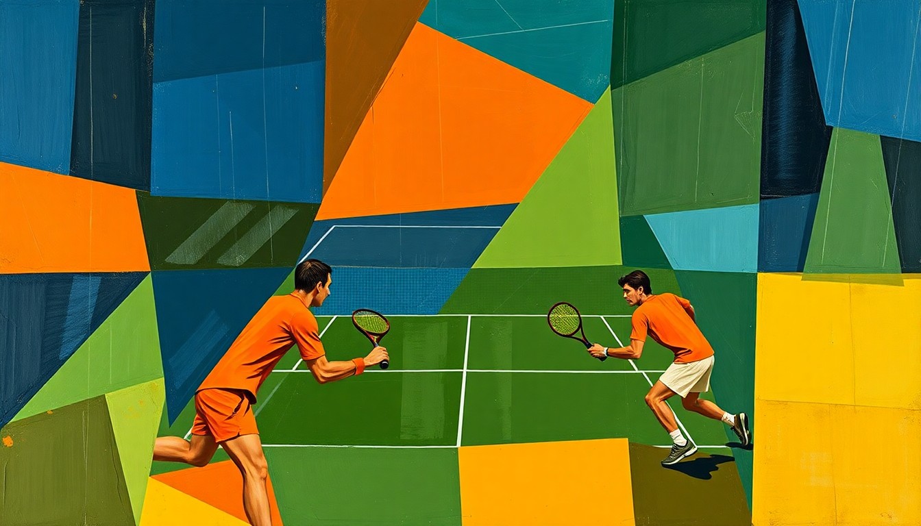 A fractured, cubist-style painting depicting the abstract forms of two tennis players engaged in a match, their bodies and movements broken down into sharp, overlapping geometric shapes in a palette of deep blue, olive green, and burnt orange.