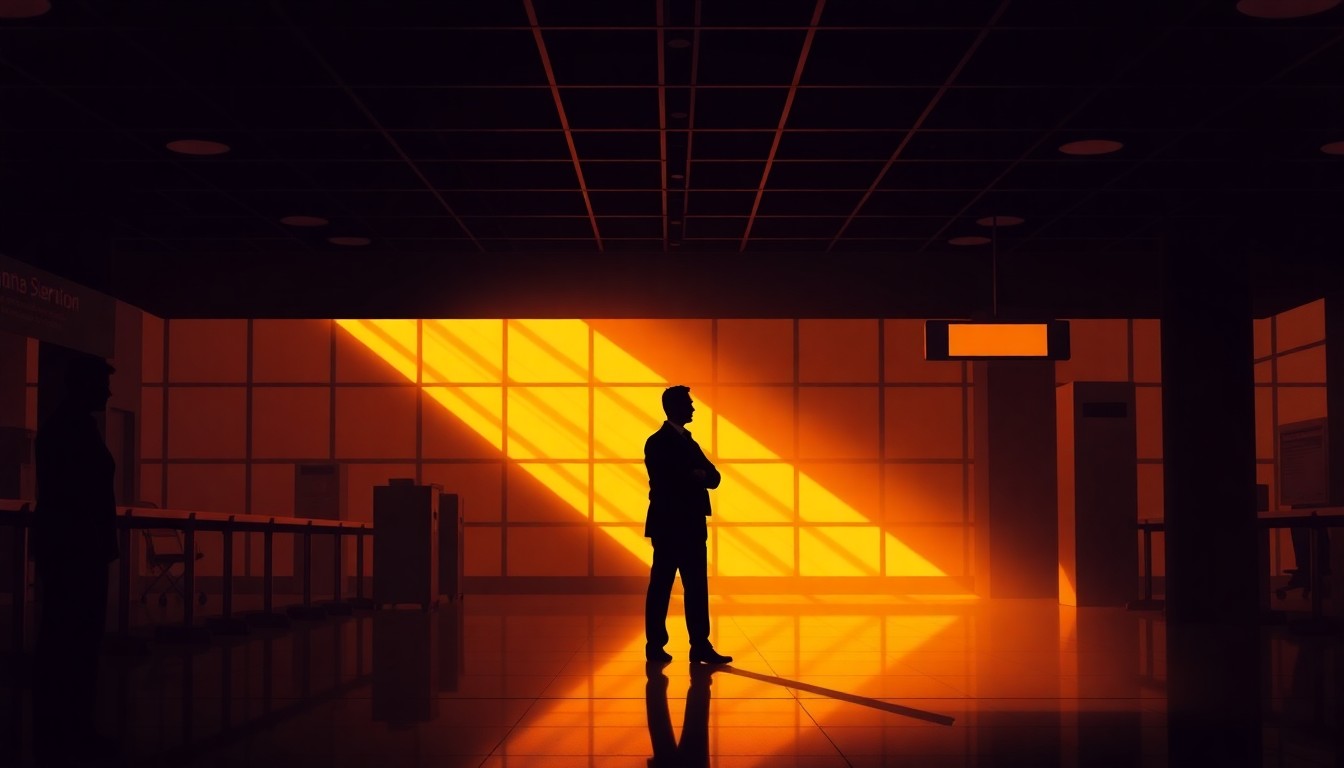 A cinematic painting of a lone immigration agent standing in a dimly lit airport terminal, their silhouette cast in warm, diagonal sunlight, conveying a sense of bureaucratic isolation and the human impact of immigration policies.
