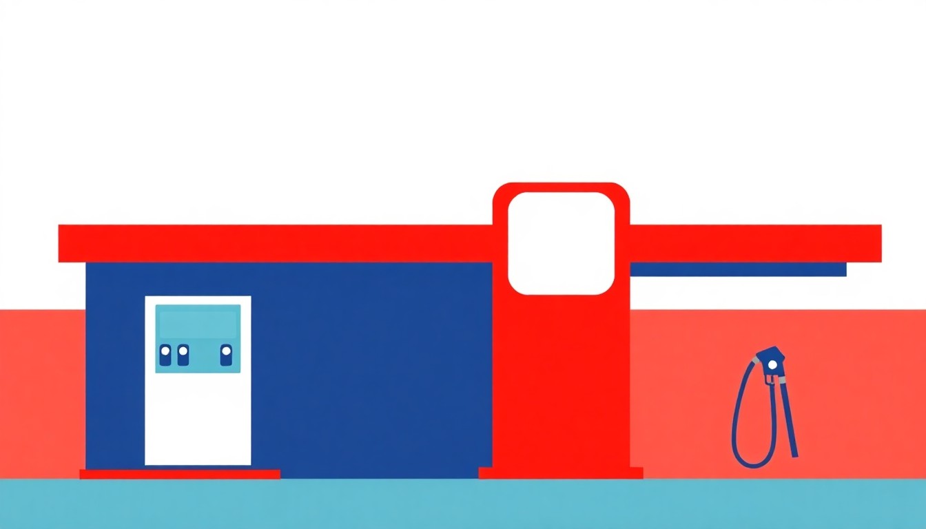 A geometric abstract illustration using bold shapes and primary colors to conceptually represent the rising cost of gasoline and its economic impact.