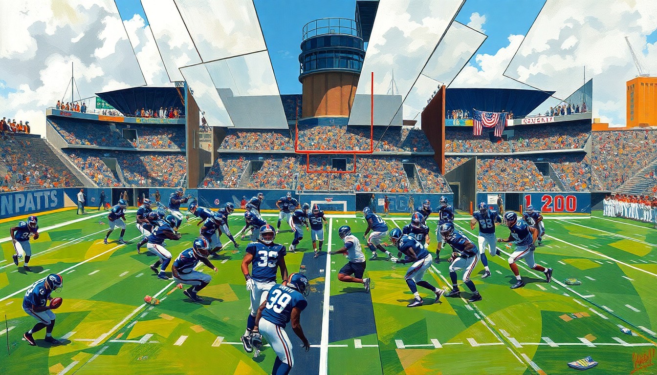 A cubist, geometric painting depicting fragmented, overlapping shapes and planes representing a Giants football practice or training camp scene, conveying the concept of team bonding and camaraderie in a new setting.