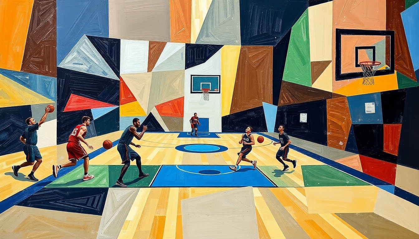 A dynamic, abstract painting featuring sharp, overlapping geometric shapes and planes that deconstruct the movements and lines of a basketball game, capturing the intensity and excitement of the competition.