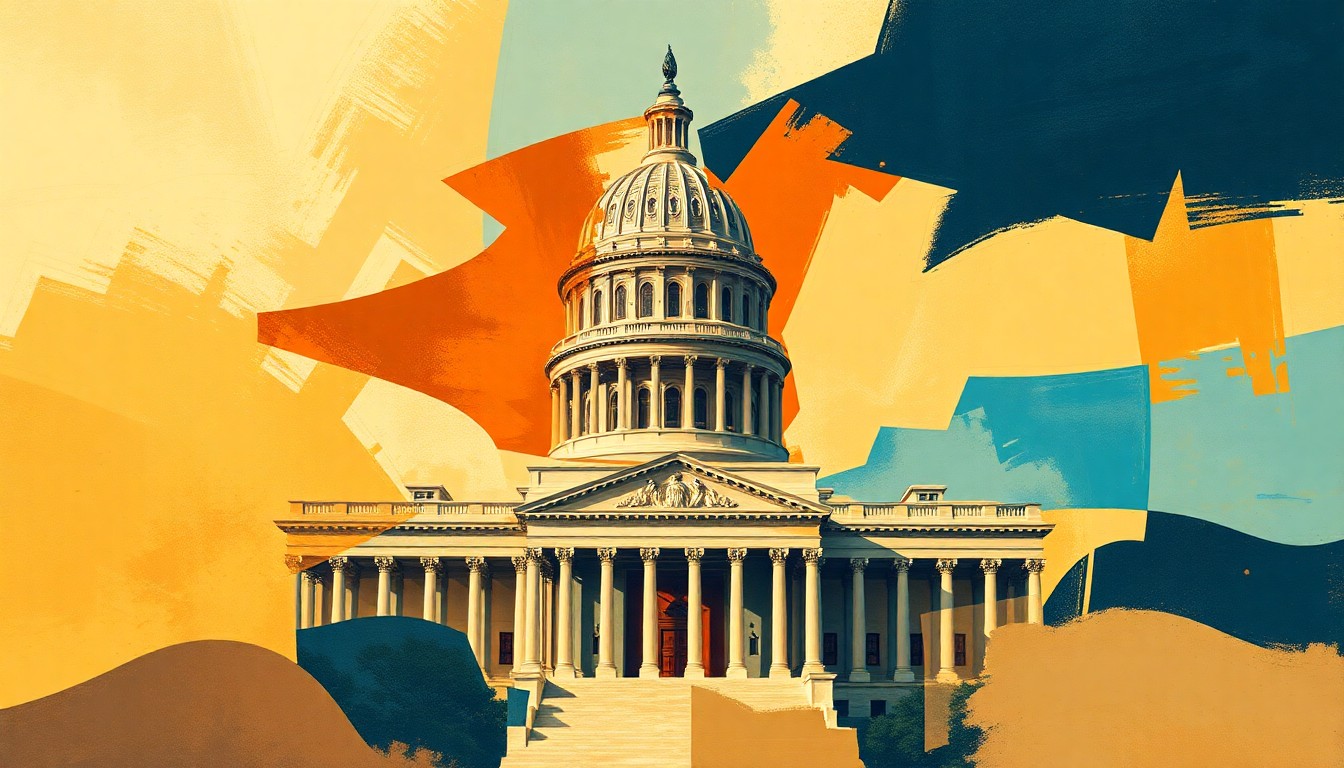 A vibrant, abstract painting featuring overlapping, geometric shapes and brushstrokes in warm earth tones and cool blues, conveying the energy and momentum of policy changes in the construction industry.