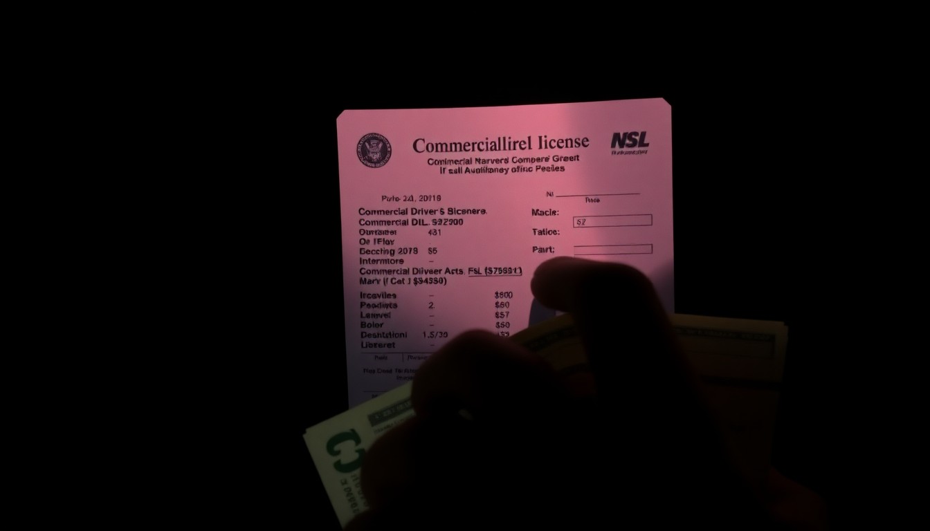 An extreme close-up photograph of a commercial driver's license document partially obscured by a hand holding cash, creating a stark, gritty, investigative aesthetic without any text or symbols.