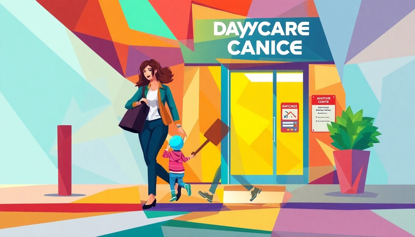 A dynamic, abstract painting of a parent rushing to a daycare center, with overlapping geometric shapes and vibrant colors conveying the frantic pace of modern life and the challenges of balancing work and family.