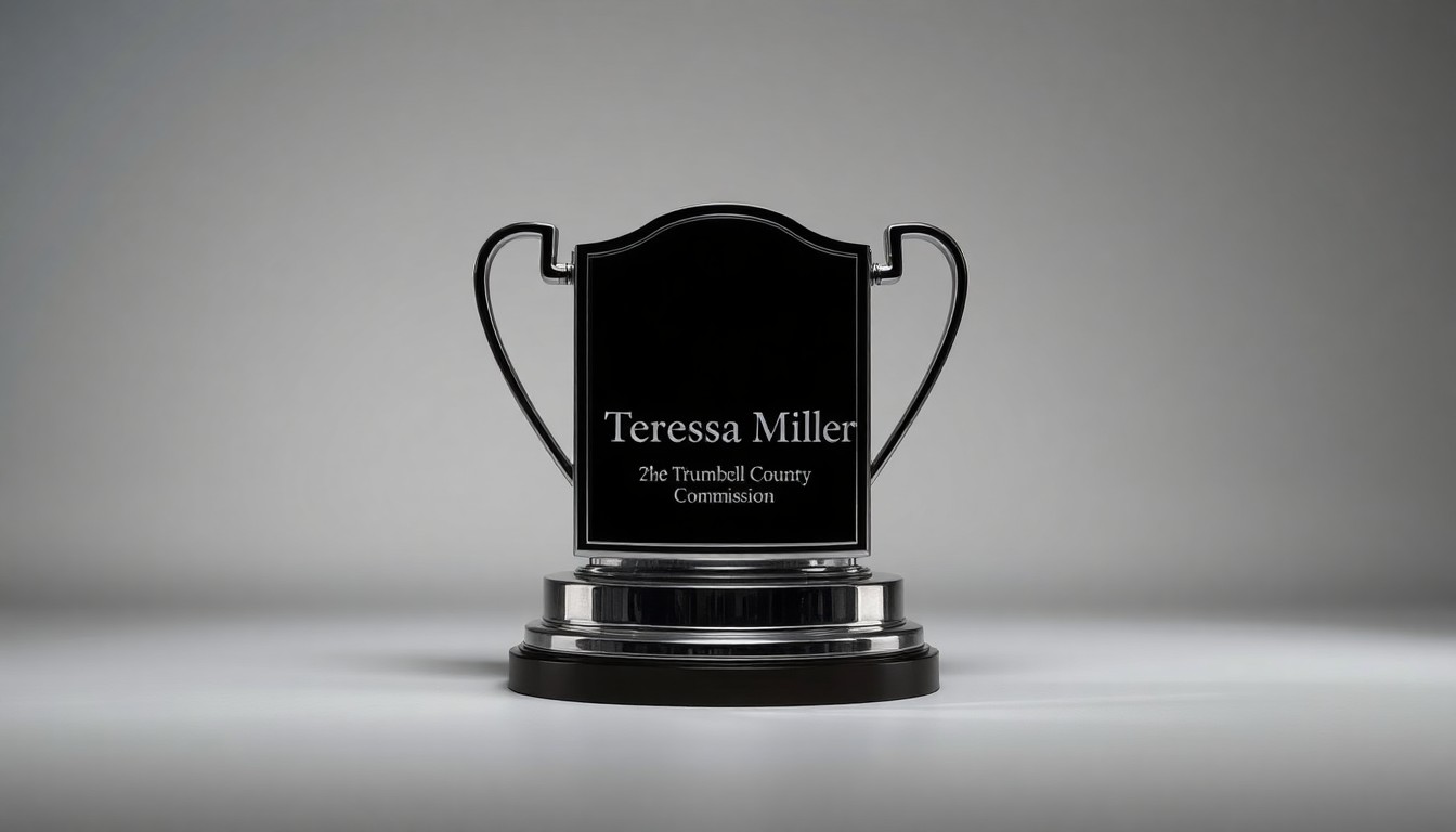 A photorealistic studio still-life image of a polished metal trophy or award, using dramatic lighting and shadows to symbolize the honor bestowed upon Teresa Miller by the Trumbull County Planning Commission.