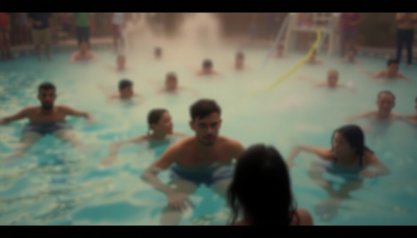 An abstract, out-of-focus photograph in warm, hazy tones depicting people swimming and playing in a pool, with the water and surrounding environment blurred into soft, colorful shapes.