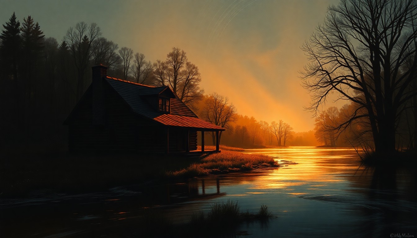 A serene, nostalgic painting of an old wooden farmhouse or cabin nestled along the banks of a river, with warm sunlight casting long shadows across the scene, capturing the quiet history of the Bounds family's frontier settlement.
