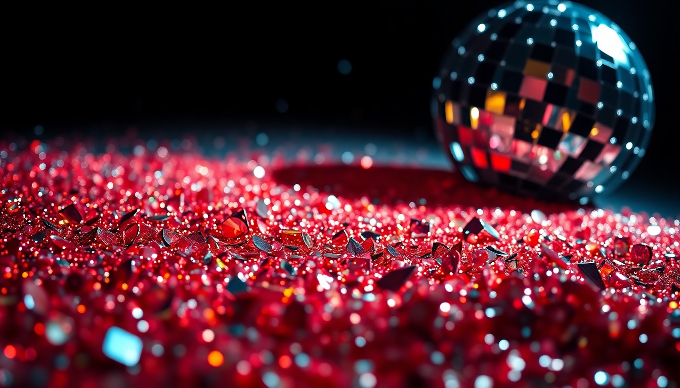 An extreme close-up photograph of shimmering, glittering textures in high-contrast studio lighting, conceptually representing the glamour and spectacle of Netflix's new entertainment offerings.