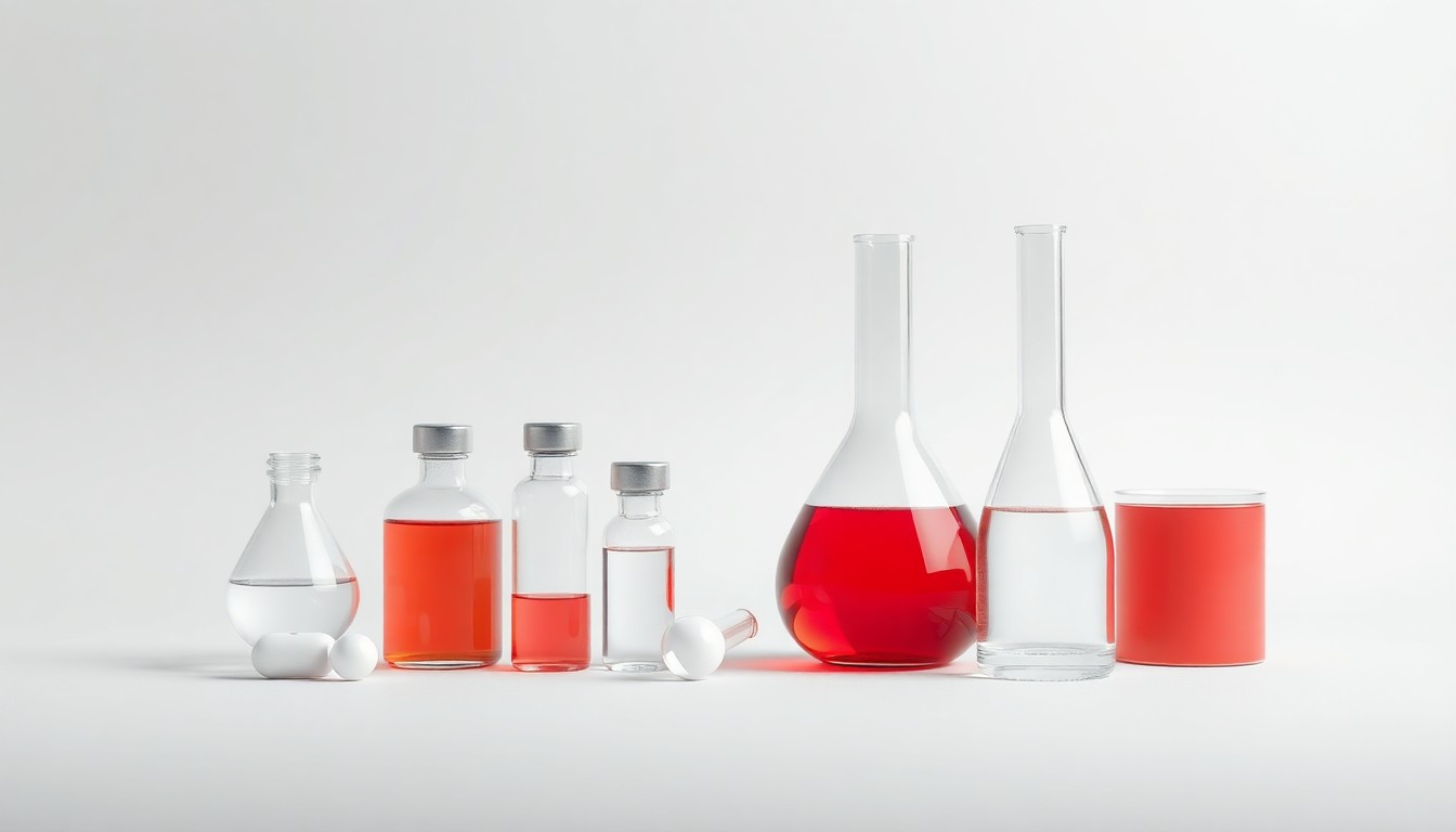 A high-end, photorealistic studio still-life photograph featuring a set of polished, geometric pharmaceutical vials and beakers arranged elegantly on a clean, monochromatic seamless background, conceptually representing the strategic progress of Curanex's pharmaceutical development.