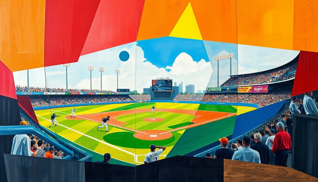 A cubist, geometric painting depicting the dynamic energy of a baseball game, with players and the field abstracted into bold, angular shapes and planes of color.