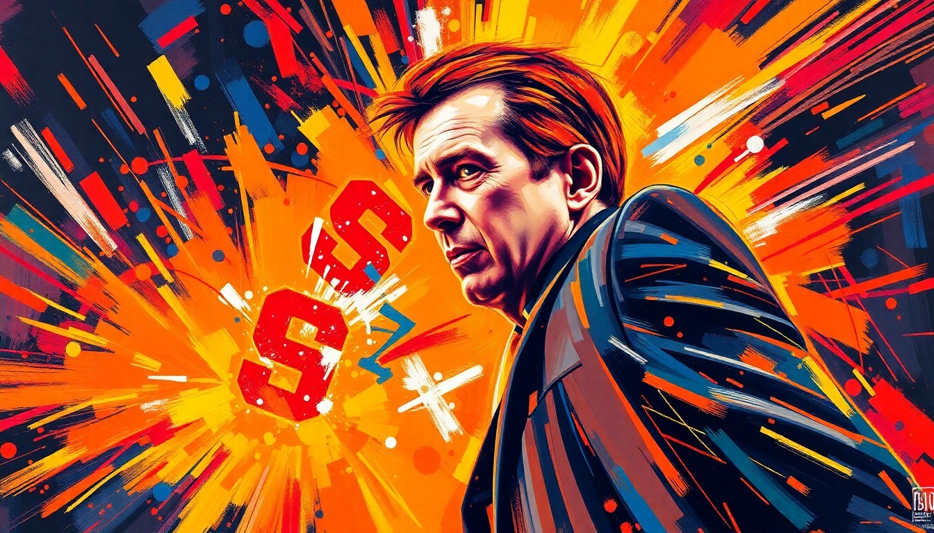 A vibrant, textured painting in neon colors featuring sweeping, expressive brushstrokes that capture the raw emotion and energy of a basketball coach returning to his alma mater.