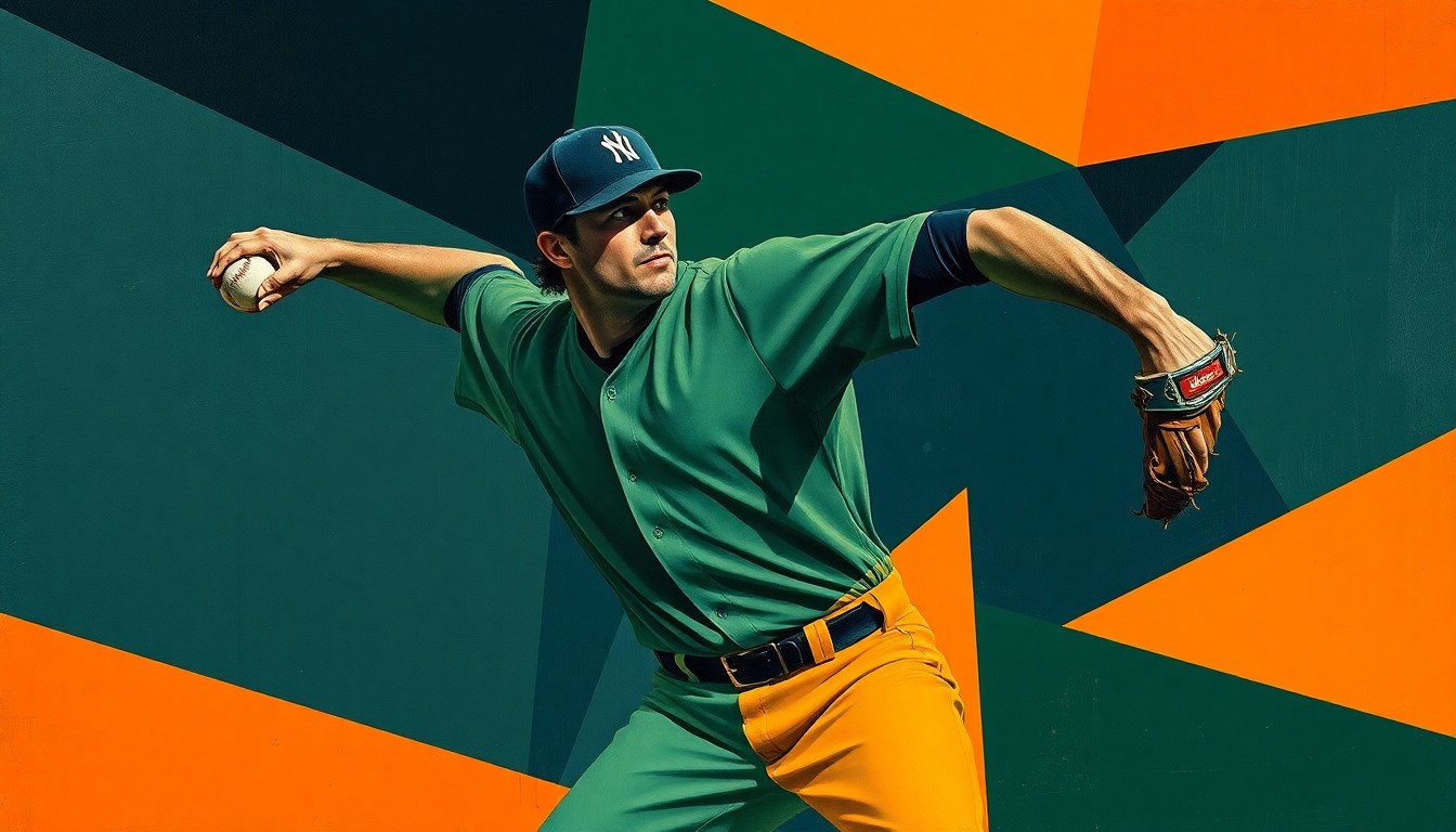 A cubist, geometric painting depicting the fractured, multi-angled movements of a baseball pitcher's delivery, with sharp planes of dark blue, green, and orange abstracting the form.