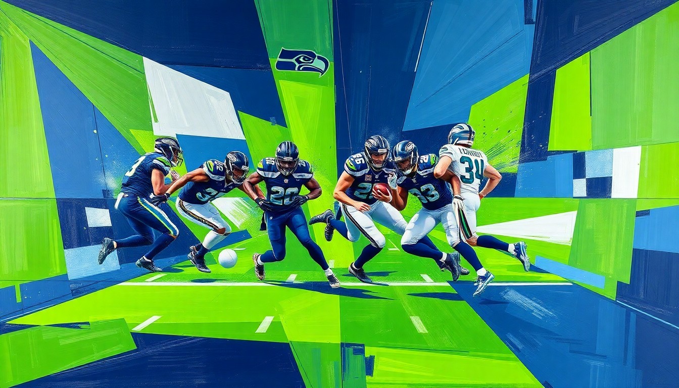 A fragmented, geometric painting depicting a Seahawks running play, with sharp planes of navy blue, lime green, and silver overlapping to create a dynamic, abstract representation of the team's running game.