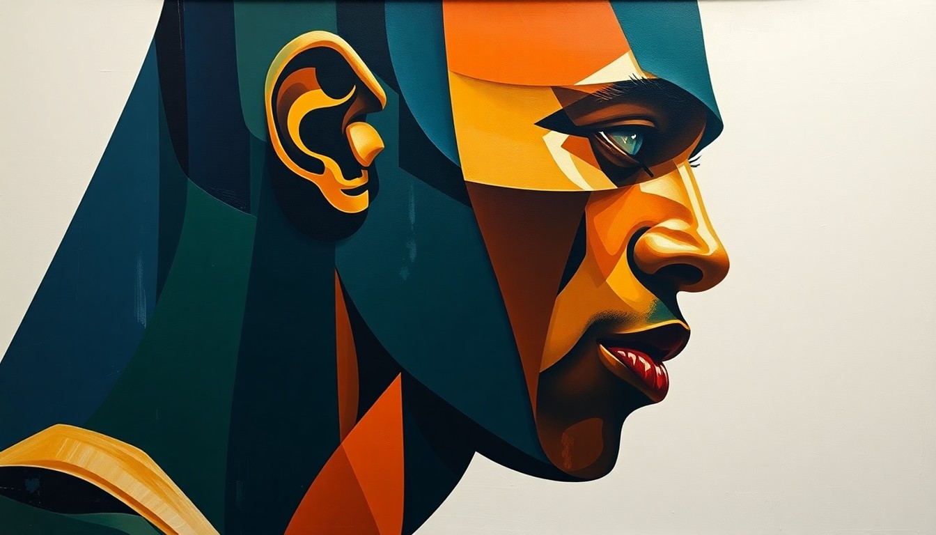 A fragmented, cubist-style painting depicting the silhouette of a basketball player, broken down into sharp, overlapping geometric shapes in a color palette of navy, green, and orange, conveying the conceptual tension between personal beliefs and professional conduct in the NBA.